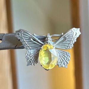 Vintage Butterfly Brooch Pin Yellow Faceted glass or Stone Silver Tone Citrine